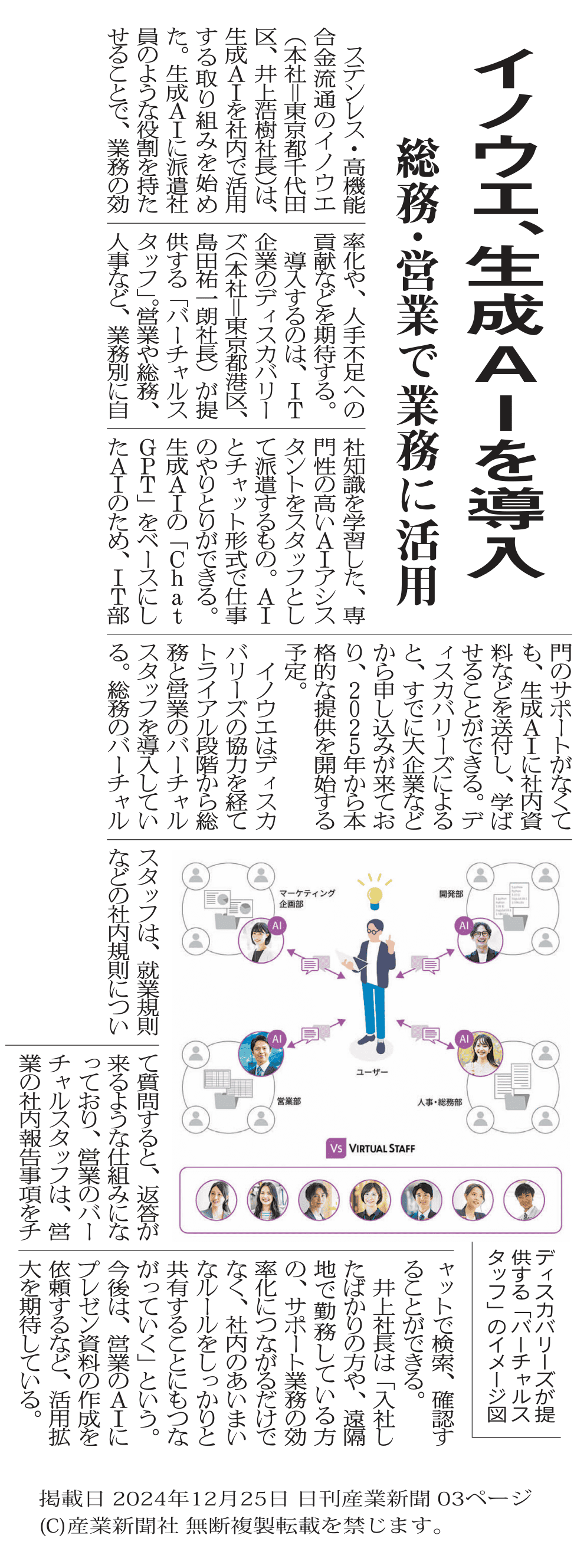 『日刊産業新聞』2024年12月25日号（03ページ）に掲載された、バーチャルスタッフに関する記事